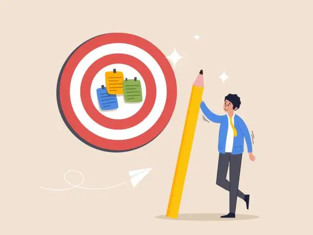 Vector illustration of Goal setting concept. Achievable target or purposeful objective, mission to accomplish or challenge to win for business success, businessman write down goal on notes and put on big dartboard target.
