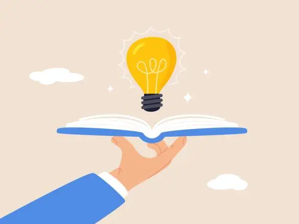 Vector illustration of Knowledge or education, wisdom concept, study or learning new skill, creativity or idea, reading book for inspiration, discover solution or literature, hand hold open book to discover lightbulb idea.