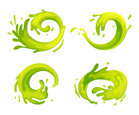 Water and juice splash liquide. Vector Illustration. A green wave shape, mesmerising pattern of seas energy A drop shape, minimalists choice of fluid beauty A dripped droplet, micro tale of gravity