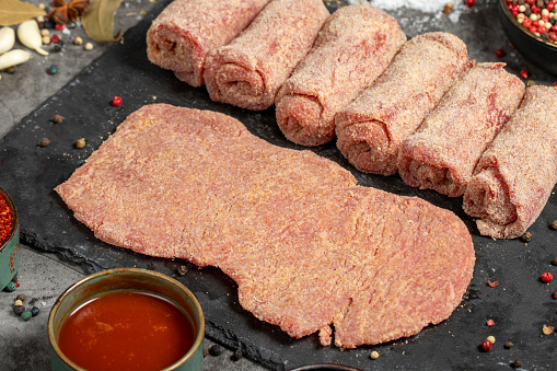 Meat schnitzel. Raw beef schnitzel on dark background. Butcher products. Close up