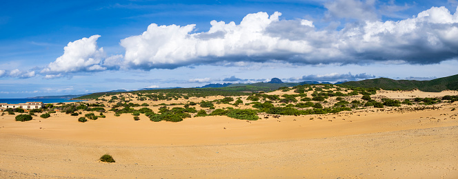 Imposing dunes of golden sand dotted with Mediterranean scrub in Piscinas, an oasis far from everything (5 shots stitched)