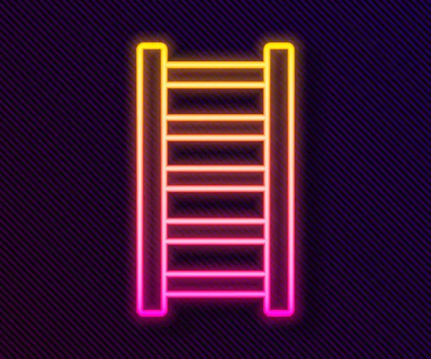 Vector illustration of Glowing neon line Fire escape icon isolated on black background. Pompier ladder. Fireman scaling ladder with a pole. Vector