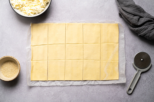 Puff pastry dough uncooked squared, step by step puff pastry squares recipe