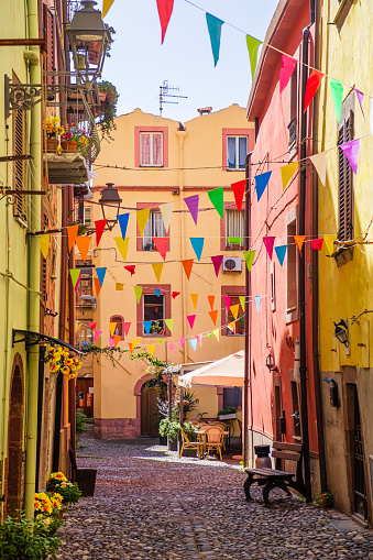 Pastel colored buildings in the old town of Bosa, a town on the western Sardinia
