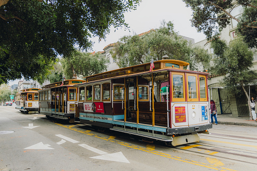March 19, 2023: walking the central street of San Francisco, California with authentic cable cars