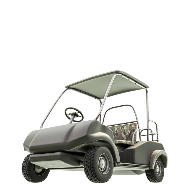 Golf carts parking near golf course with golfers and caddie are in competition,blue cloud sky background.