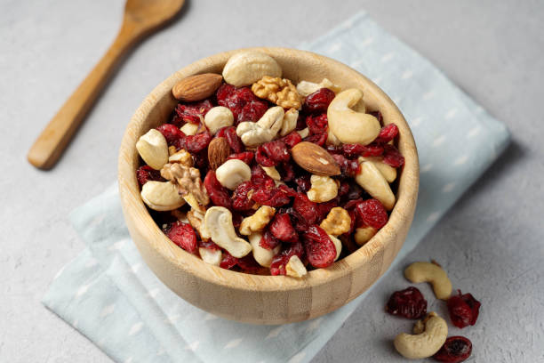Mix of nuts cashews, almonds, hazelnuts with dried cranberries.