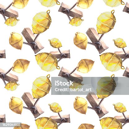 istock Seamless pattern sea bollards yellow buoys ropes Watercolor illustration Isolated. white background 1629341001