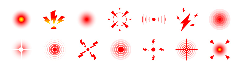 Circles symbols of pain. Red circles for marking human pain. Head toothache muscular menstrual joint pain, hurt body part marker. Pain localization mark. Health problem, pain and injury on human body