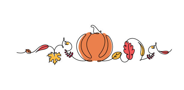 Pumpkin with leaves vector illustration isolated on white background. Continuous line drawing of a pumpkin. Minimalistic design with pumpkin and leaves around. Decoration for Halloween or Thanksgiving. pumpkin stock illustrations