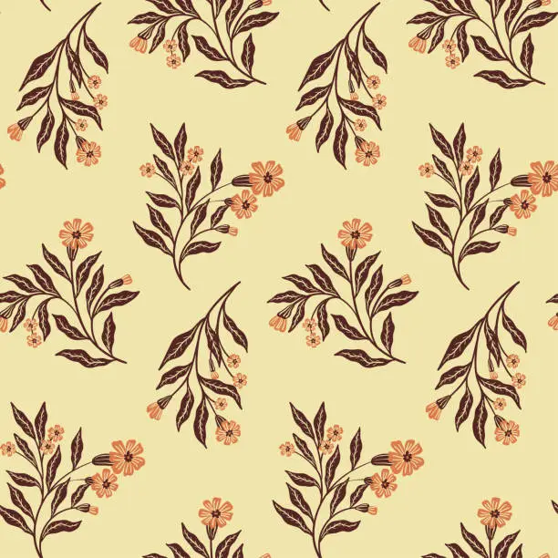 Vector illustration of Seamless pattern, wallpaper print in old-fashioned style: brown flowers, branches, leaves on a light beige background. Vector illustration.