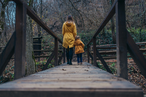 A woman going over the wooden bridge with the child in the forest in autumn time.