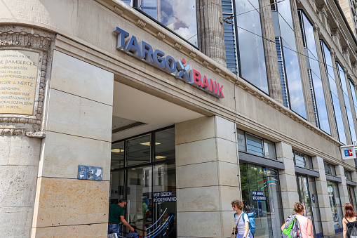 Leipzig, Germany- July 13,2023: The branch office of Targobank in Leipzig. Targobank AG is a German bank mainly operating in the retail, business and corporate customer segments.