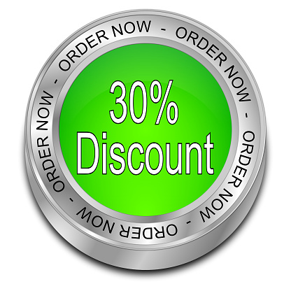 30% discount order now button green - 3D illustration