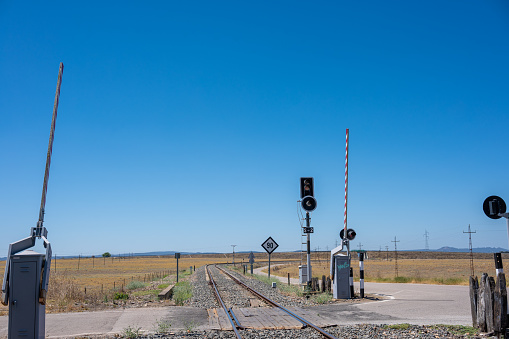 Sunny day at a railway crossing with a warning sign and power lines.