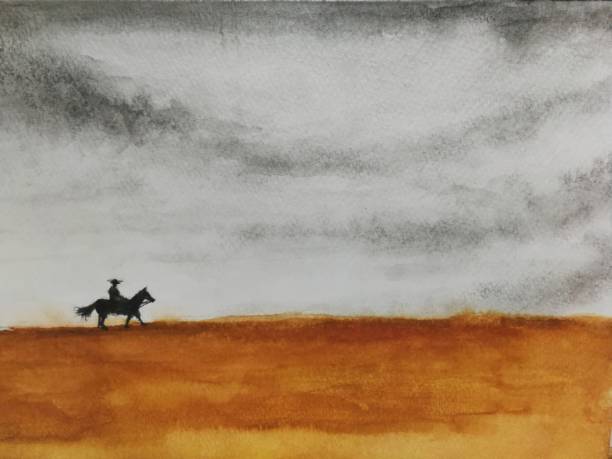 野原のカウボーイと馬の風景の田園地帯を水彩画で描く。 - illustration and painting animal cowboy horse点のイラスト素材／クリップアート素材／マンガ素材／アイコン素材