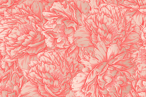 Floral seamless pattern. Flowers peonies. Red and gold foil print. Luxury background. Vintage engraving. Vector illustration. Design for textile, wallpaper, paper.