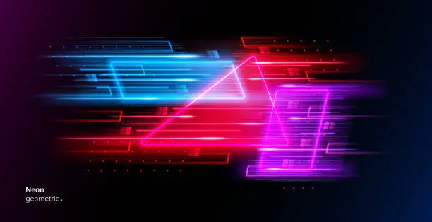 Vector illustration of Neon shapes movement, glowing speed motion trails. Night race advertising. Dynamic cover for sport event. Neon concept speed sport motion, modern background, particles of triangle and rectangle