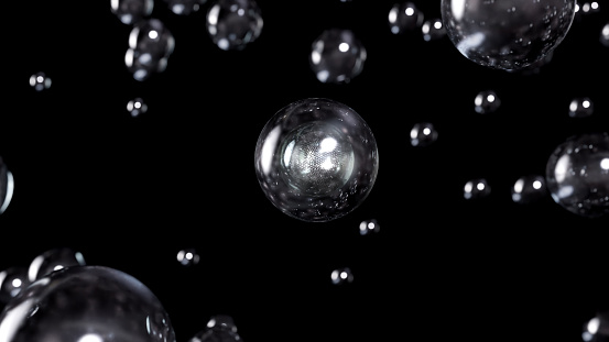 Illustration of a sphere orb in a dark background. For cosmetics, a 3D rendering bubble design. Water bubbles on a science background. materials for cosmetic bubble design.