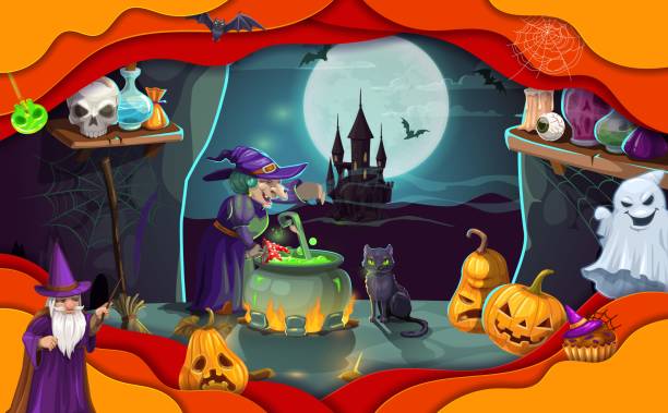 Halloween paper cut witch with magic potion pot Halloween paper cut witch with magic potion pot in cave, vector horror holiday. Scary witch and evil wizard characters, creepy pumpkins, ghost and moon, bats and black cat in layered papercut frame cauldron illustrations stock illustrations