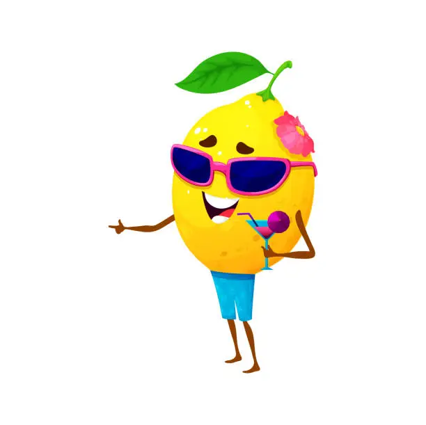 Vector illustration of Cartoon lemon character sipping colorful cocktail