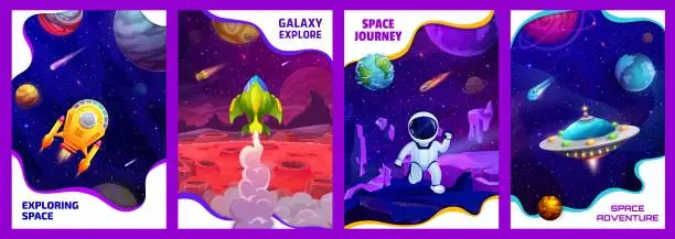 Vector illustration of Cartoon space posters with spaceships, astronaut