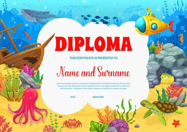 Vector illustration of Kids diploma, cartoon sea underwater landscape