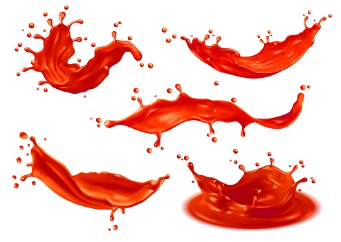 Tomato ketchup sauce splashes or red liquid tomato juice, vector realistic isolated 3d. Red fruit flow or tomato ketchup splash for food background with texture, ketchup spill from bottle with drops