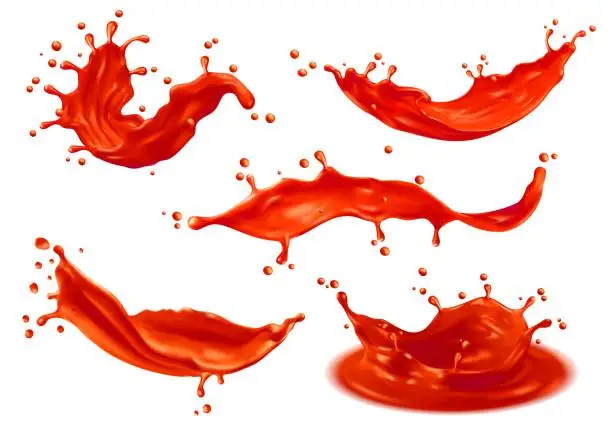 Vector illustration of Tomato ketchup sauce splashes, red liquid juice