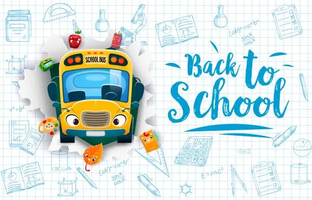 Vector illustration of back to school paper, yellow bus and supply