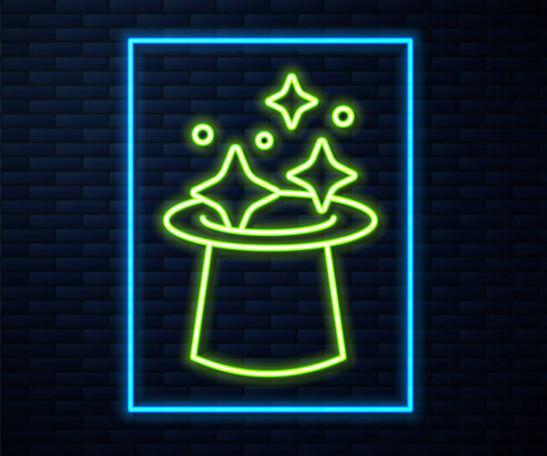 glühende neonlinie magic hut-symbol isoliert auf ziegelwand hintergrund. zaubertrick. mystery entertainment konzept. vektor - magic magic trick magician magic wand stock-grafiken, -clipart, -cartoons und -symbole