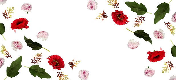 Red and pink flowers flat lay banner copy space