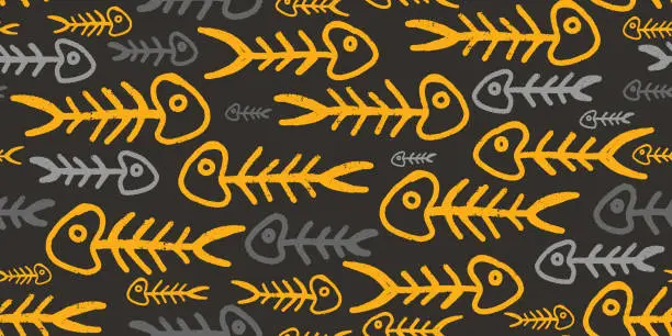 Vector illustration of Fish skeletons. Texture line art. Vector seamless pattern.