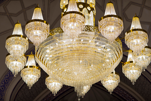 The large Swarovski chandelier at a Friday mosque in Bukhara.