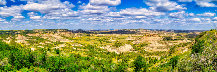 Yellow Mounds from Conata Basin Overlook, Badlands National Park, South Dakota, USA. The road with several tourist vehicles winds its way through the mounds.