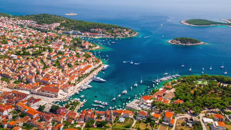 Aerial view of Island and town of Hvar in Croatia