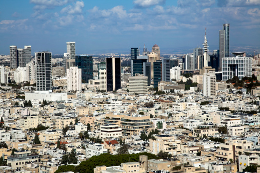 A view to the east, depicting the cityscape of downtown Tel-Aviv and its neighboring city Ramat-Gan. This is the central skyscraper area in the biggest metropolis in Israel.