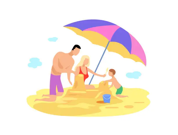 Vector illustration of Family summer beach vacation at the sea. Mom, dad and baby. Rest at the sea. Build sand castles. Isolated on a white background. Vector flat illustration