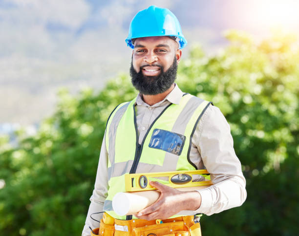 istock Construction worker, man portrait and architect inspection with industrial employee with tools. African male person, professional and builder with success and safety job for engineer project outdoor 1629441557