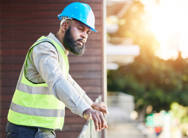 istock Construction worker, man thinking and building inspection with industrial employee on a balcony. African male person, professional and builder with vision and safety for engineer project outdoor 1629441568