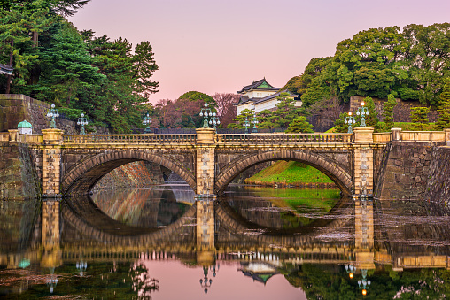 Tokyo, Japan - January 12,2017: The Imperial Palace moat at Nijubashi Bridge in the early morning.