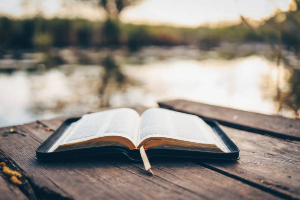istock Open Bible on a wooden board near the river 1629449836