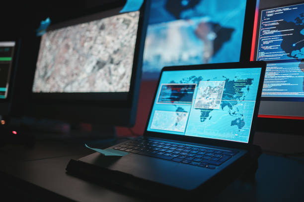istock Laptop screen, cybersecurity and technology background for night surveillance, data protection or worldwide coding. Gdpr, satellite hacking and software development on computer monitor and global map 1629458811