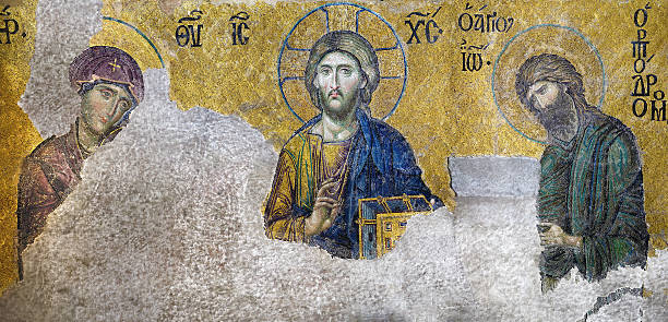 Deisis Mosaic (XXL) Full Deisis Mosaic, Hagia Sofia, Istanbul, TURKEY byzantine stock pictures, royalty-free photos & images