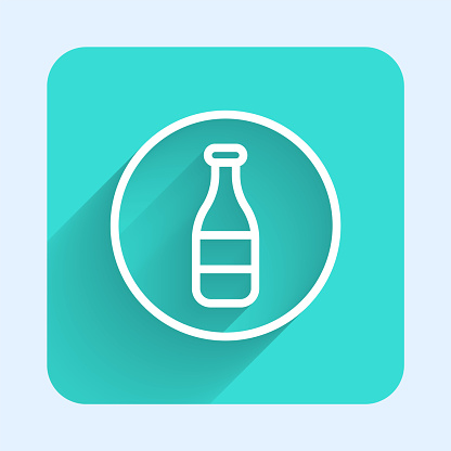 White line Bottle icon isolated with long shadow background. Green square button. Vector.