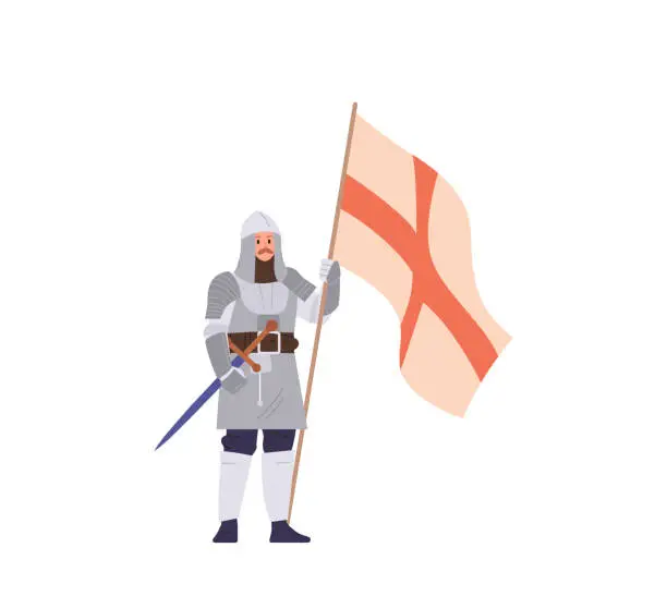 Vector illustration of Medieval knight character holding flag with heraldic signs and symbols standing isolated on white
