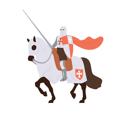 Royal medieval knight cartoon character holding sword peak, shield riding horse vector illustration isolated on white background. Armor warrior in steel harness sitting on horseback ready for battle