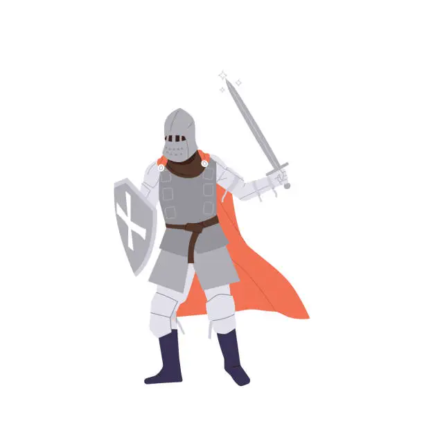 Vector illustration of Medieval knight flat cartoon character fighting with sword and shied isolated on white background