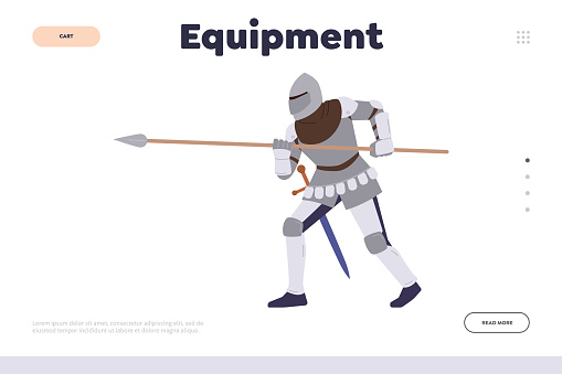Equipment for historic knight tournament role game landing page template with medieval warrior design. Fairy tale or armored history military character holding peak spear participating in battle