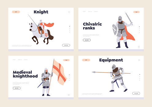 Knight military equipment, medieval knighthood, history chivalric ranks landing page template set. Website vector illustration with ancient military soldier guard in armor with weapon fighting